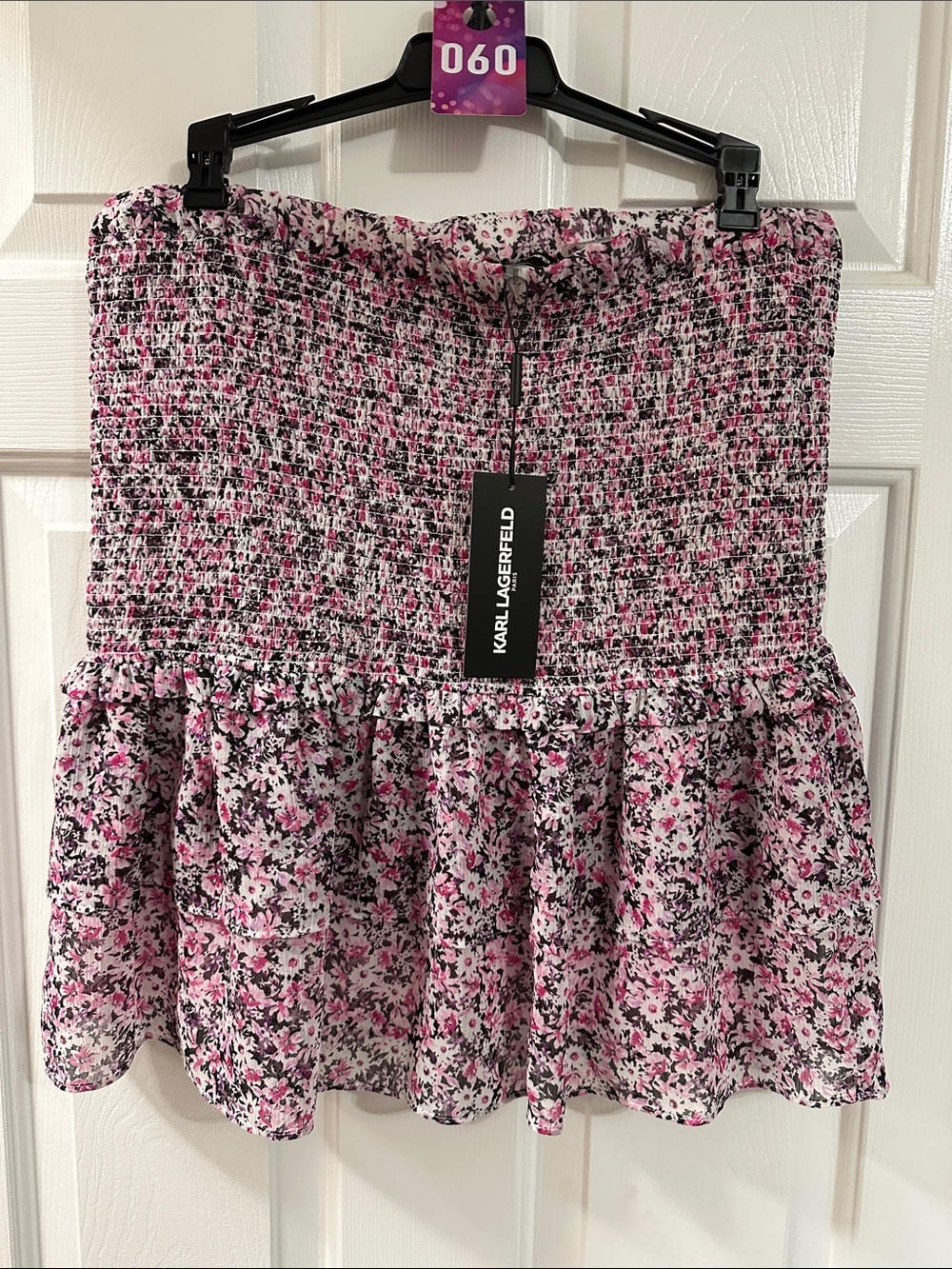Karl Lagerfeld Pink and Black Floral Smocked Mini Skirt